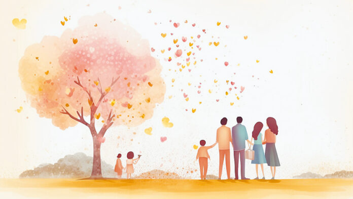 Happy family with children and love tree in the park,vector illustration